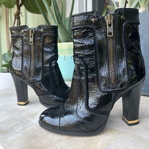 Gianni Bini Black Patent Leather Boots with Gold Trim Size 7.5